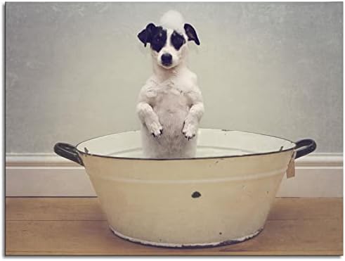 Pôster de banho de cachorro fofo cachorro preto e branco está de pé na banheira impressa arte de parede para