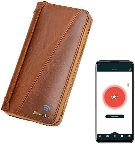 Smart LB Anti-Lost Bluetooth Leather Long Burse com alarme, registro de posição, estojo multi-card