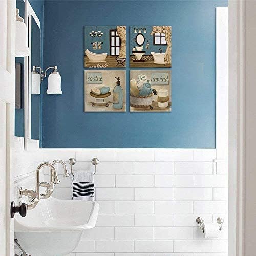 Viivei Banheiro de lona de banheiro impressões de arte de parede emolduradas prontas para pendurar azul decoração