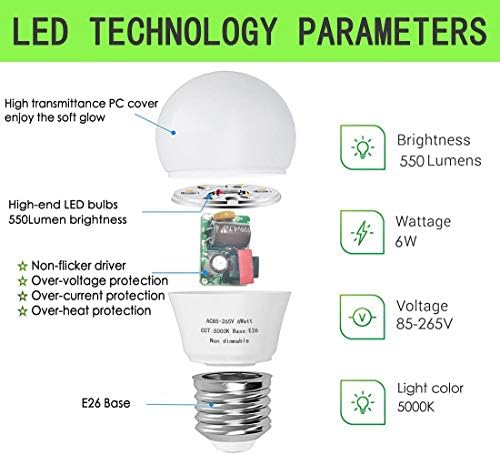Lâmpada LED A15, lâmpada de aparelho base E26, 6W, lâmpadas de ventilador de teto da luz do dia de 5000k,