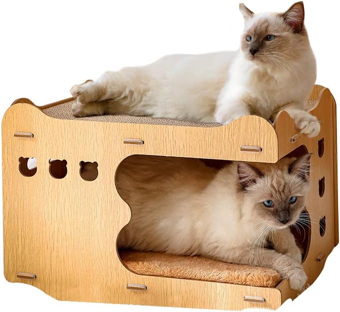 Casa de gatos, caixa de gato de madeira esplizável com postagem de arranhão substituível e tapete macio, casa