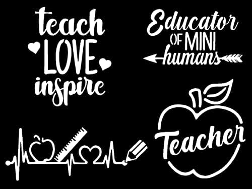 Decalques do professor 4 pacote: ensine o amor inspire, batimento cardíaco do professor, maçã, educadora de pequenos humanos