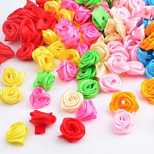 Flores de rosas de fita de cetim de 200pcs Mini Flores de tecido multicolor