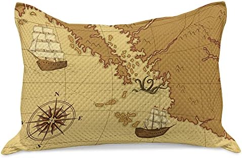 Ambesonne Kraken malha de colcha de travesseiros, mapa antigo com bússola e continente de navio e estampa