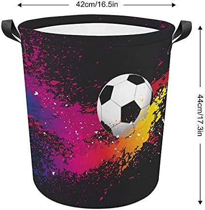 Salpicos coloridos com bola de futebol cesto de lavanderia com alças de cesta de armazenamento