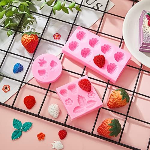3 PCs 3D Morango e flores Silicone Molde de morango Fruta Fruta Fondant Molde de molde artesanal Candy Jelly