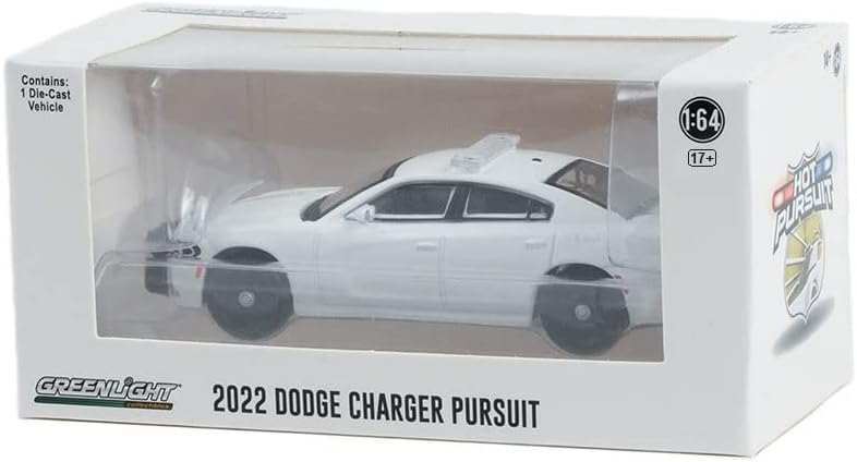 Greenlight 43002-L Hot Pursuit- 2022 Dodge Charger Pursuit Police Cruiser- Branco com Light Bar & Push Bar