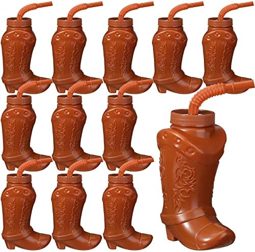 Hoolerry 12 peças Cowboy Brown Boot Party Cups de plástico com canudos e tampas de 10 onças canecas de cowboy de