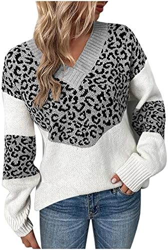 Suéteres de pulôver com estampa de leopardo para mulheres v pescoço de manga comprida moda casual bloco de