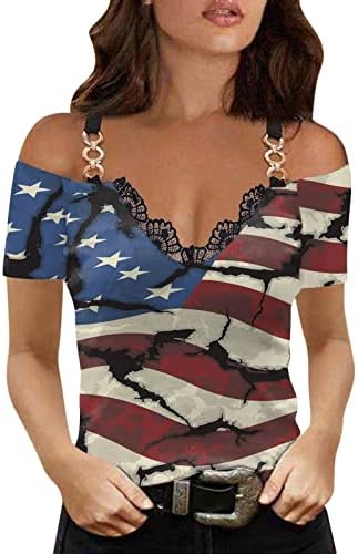 Senhoras camisa de manga curta ombro frio 2023 Vneck Lace Cotton American Flag Blouse Graphic Bouse para
