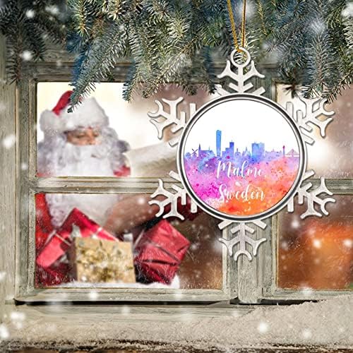 Suécia malmo enfeites de natal sueco malmo aquarela arte cityscape metal snowflake ornamento de Natal colorido skyline