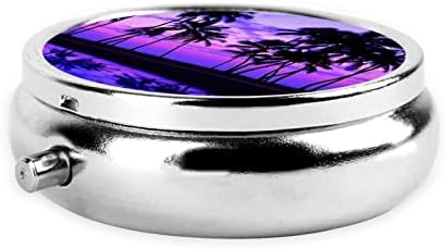 Palm Tree Tree Purple Sunset Pill Caixa, caixa de comprimidos redondos de metal, caixa de comprimidos
