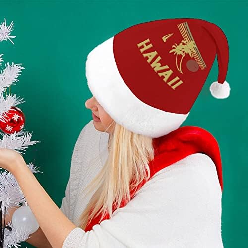 Chapéu de Natal de pelúcia havaiano vintage travesso e carona de Papai Noel com borda de pelúcia e decoração