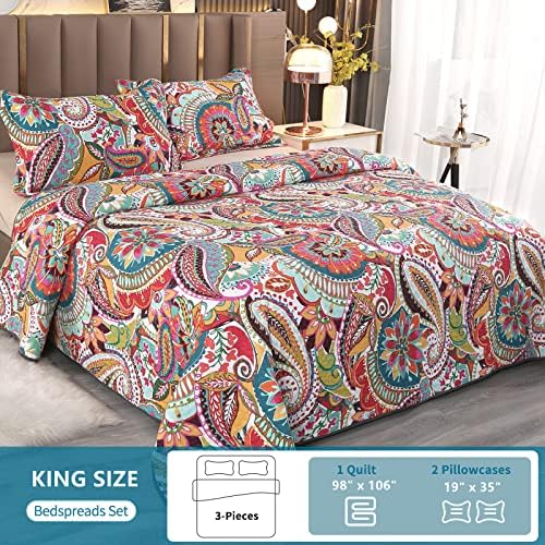 Quilts de tamanho King de qucover, colchas multicoloras Paisley Kingteds, 3 peças de algodão Summer