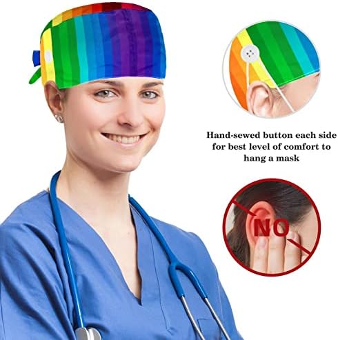 Cores do arco -íris Padrão Tampa de trabalho com botões Chapéu de bouffante ajustável Tampa unissex