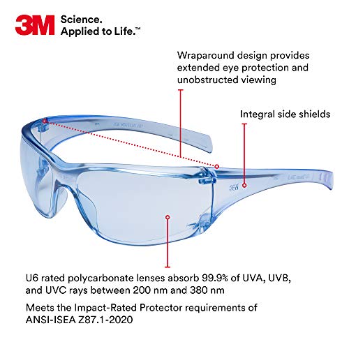 Óculos de segurança 3M, Virtua AP, 20 pacote, ANSI Z87, lente de casaco duro azul claro, estrutura azul, escudos