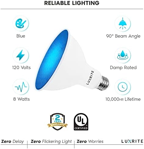 LUZRITE LED PAR38 LUZ AZUL DE INFORMAÇÃO, 8W, Lâmpada de inundação azul de LED, lâmpada úmida, listada UL, base