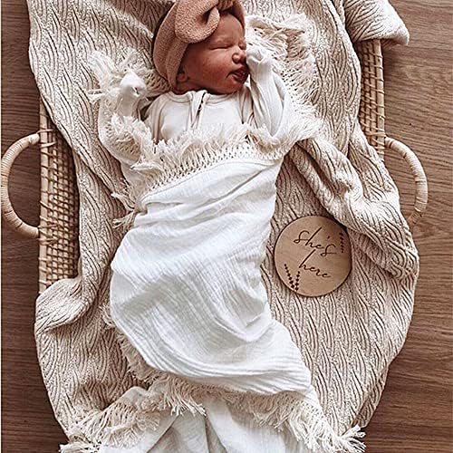 Poowe Muslin Cotton Baby Recebendo cobertor com margem, borla Boho Bohemian, decoração do viveiro, garoto ou menina