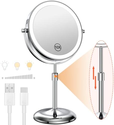 Espelho de maquiagem iluminado por benbilry com suporte ajustável, [3 luzes de cor de cor e ampliação 1x/10x e recarregável de 7 espelho de vaidade de dupla face, 360 °