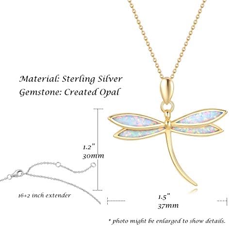 Fancime outubro Birthstone White/Amarelo Prazado de ouro Sterling Silver Opal Dragonfly Colar de cadeia longa charme