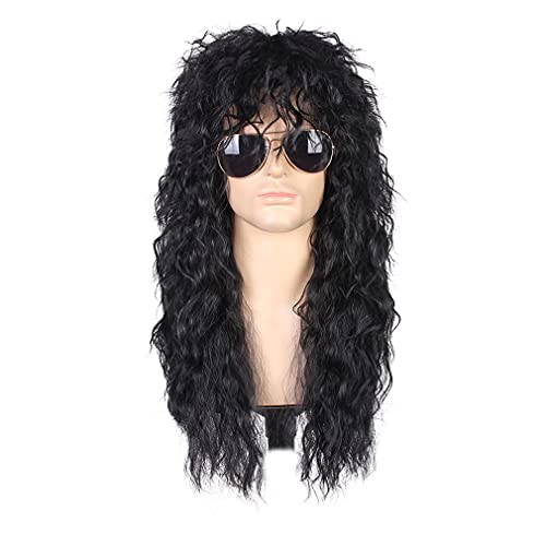 Longo Curly 80s Cosplay Natural Black Wavy WAGS Moda Fashion Rocker Style Wig