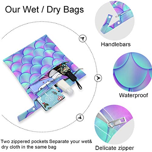 VISESUNNY 2PCS Saco molhado com bolsos com zíper Magic Mermaid Scale lavável reutilizável para