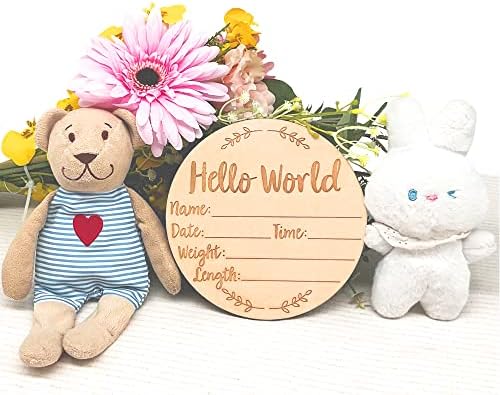 Atopxing Wooden Baby Anúncio Sinal, 5,9 polegadas Hello World Newborn Sign, Baby Birth Anúncio Sinal,