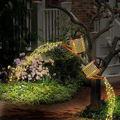 A rega solar lata com luzes, luzes solares solares ao ar livre, decoração de jardim, luzes solares de jardim,