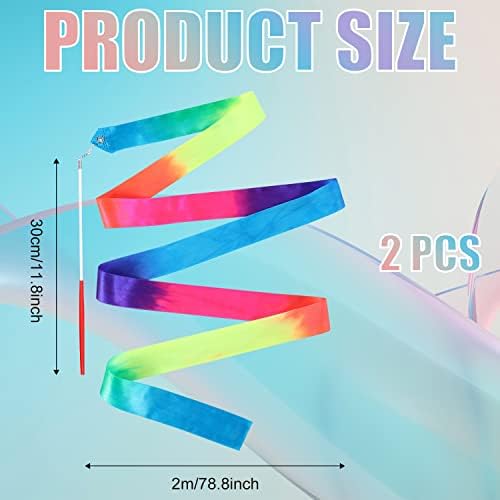 Savita 2pcs Rainbow Dance Ribbon Wand, 78.7inch Ginástica rítmica Ribbon Streamer de fita à prova de escada