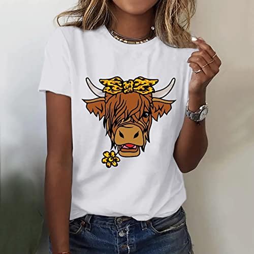 Camisas de tecnologia feminina Camisa feminina de mangas curtas de mangas curtas Tops de verão solto de vaca pura feminina estampada curta