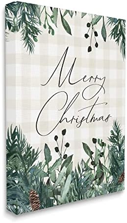 STUPELL INDUSTRIES Feliz Christmas Script Gingham Pinecone Botanicals Border, Design by Lady Louise Designs