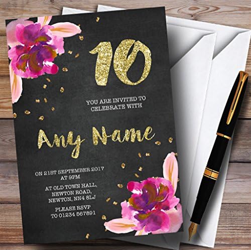 Chalk Gold Confetti Pink Flowers 10º convites de festa de aniversário personalizados