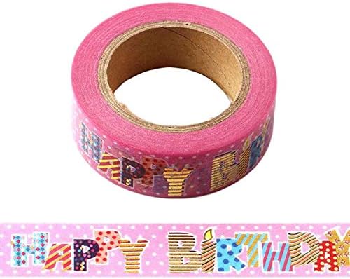 Pink Feliz Aniversário Washi Tape Multi Color Letters e Gold Foil Angressing 15mm x 10 metros