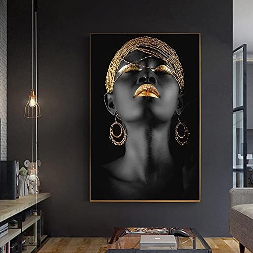 Modern African Art Lip Golden Women Women Oil Pintura sobre o pôster de arte da parede de tela e imprime