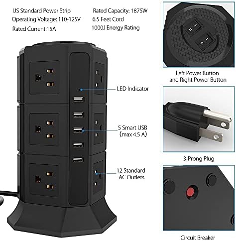 ZSEDP Power Tower Surge Protector 8/12 Way Uso Pluging de plugue elétrico CARGIER USB CARGIER 6.5ft Cabo de extensão