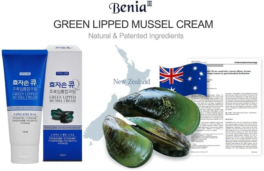 Benia III Hyojason Q Creme de mexilhão de lábios verdes: creme de massagem relaxante resfriamento a áreas