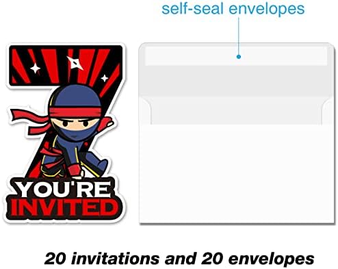20 Convites de festa de 7º aniversário ninjas com envelopes convites de preenchimento em forma de ninja