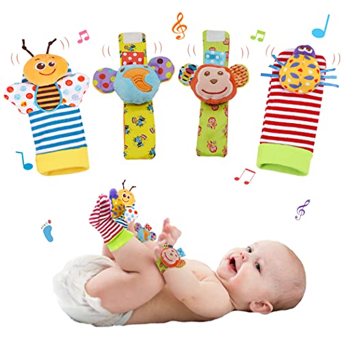 Baby Infantil Wrist Rattle Socks Toys para bebês 0-3-4-5-6 meses, brinquedos sensoriais recém-nascidos por 0-3 meses de idade, garotas de presente de desenvolvimento de brinquedos, 4 animais fofos