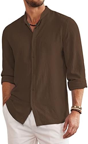 Coofandy Mens Linen Camisa de manga comprida Botão de ajuste regular camisa casual Camisas sem gola de praia