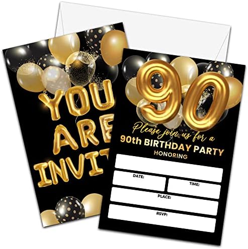Cartões de convites para festas de 90 anos, convite de aniversário de adultos pretos e dourados, convites
