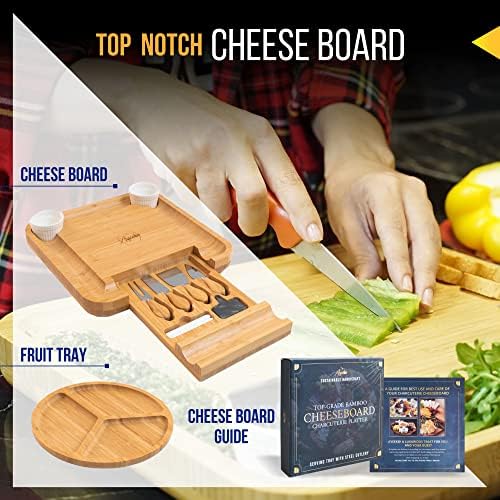Ayeeko Bamboo Cheese Board and Knife Set, Conjunto de quadro de charcutaria de madeira e bandeja de queijo, que aquece queijo de queijo Bacto