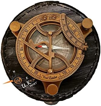 Reino Unido Mart Antique Brass Sundial Compass de 4 polegadas com caixa de couro | Réplica do navio de bolso
