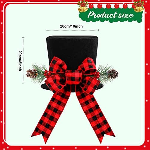 9 peças chapéu de chapéu de árvore de natal com arco e fita prolongada e búfalo xadrez de checagem de tecido de folha de buffer decoração de Natal da xadrez de búfalo vermelha e preta