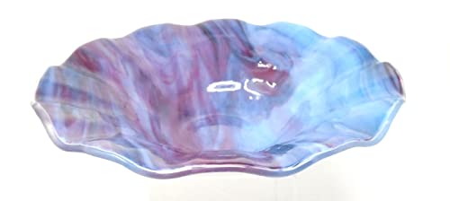 Tigela de babados azul e cranberry 10,5 polegadas de vidro fusado artesanal