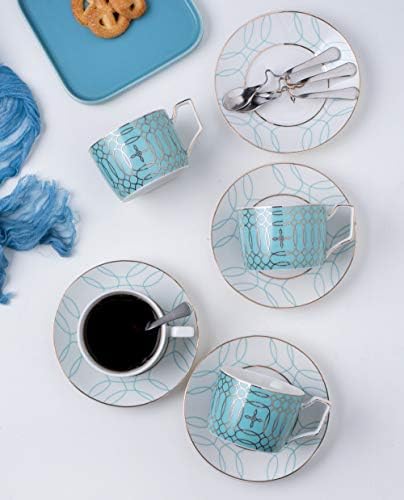 Jusalpha Porcelain Tea Set Service de 4-copo de chá verde elegante e elegante e coffee de pires com