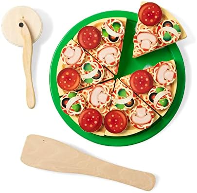 Melissa e Doug Wooden Pizza Play Food Set com 36 coberturas - Finja comida e cortador de pizza/ brinquedo