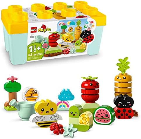 LEGO DUPLO MY PRIMEIRO Caixa de tijolos de jardim orgânicos 10984, empilhando brinquedos para bebês e crianças menores de 1,5 anos, aprendendo brinquedo com joaninha, abelhão, frutas e vegetais