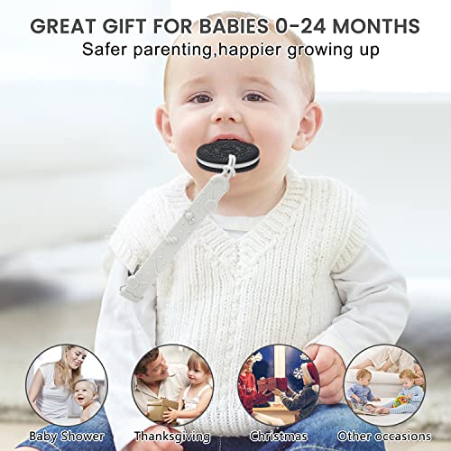 Brinquedos de dentição misslili para bebês 0-6 de 6 a 12 meses de dentes de bebê com clipe de silicone Baby Toys para meninos e meninas, biscoitos de alívio de dentição infantil, branco