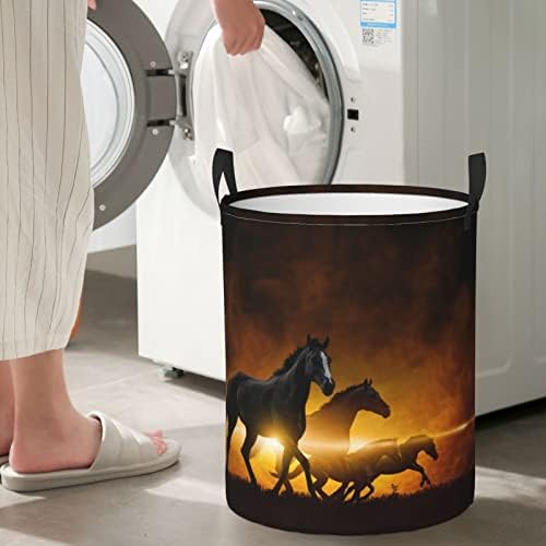 Correndo cavalos pretos imprimem cesta de lavanderia, cesta de armazenamento dobrável, armazenamento doméstico para roupas, roupas de cama, lençóis, brinquedos