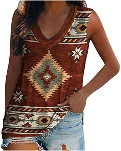 Tanques sem mangas femininos Tops de estilo étnico ocidental camisetas impressas vintage aztec blusa